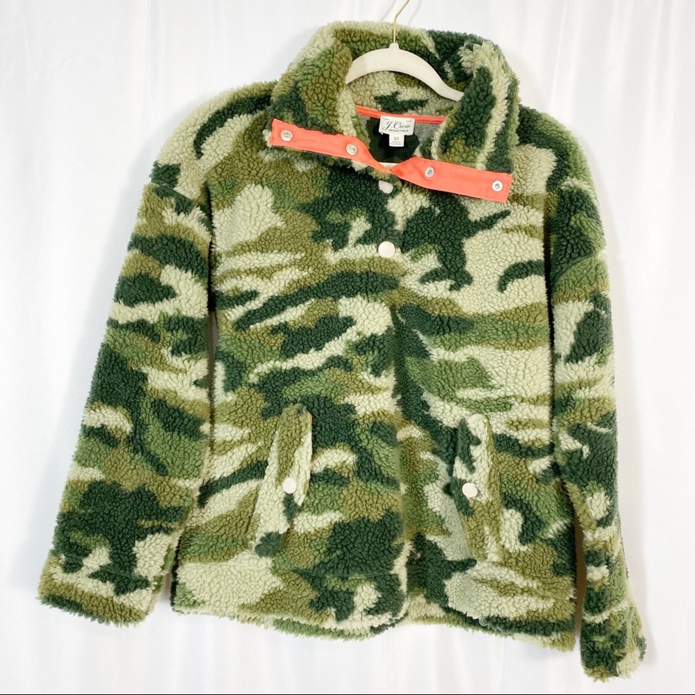 J. Crew Vintage Sherpa Fleece Pullover Jacket Camo Camouflage Olive Army Green - Picture 2 of 16